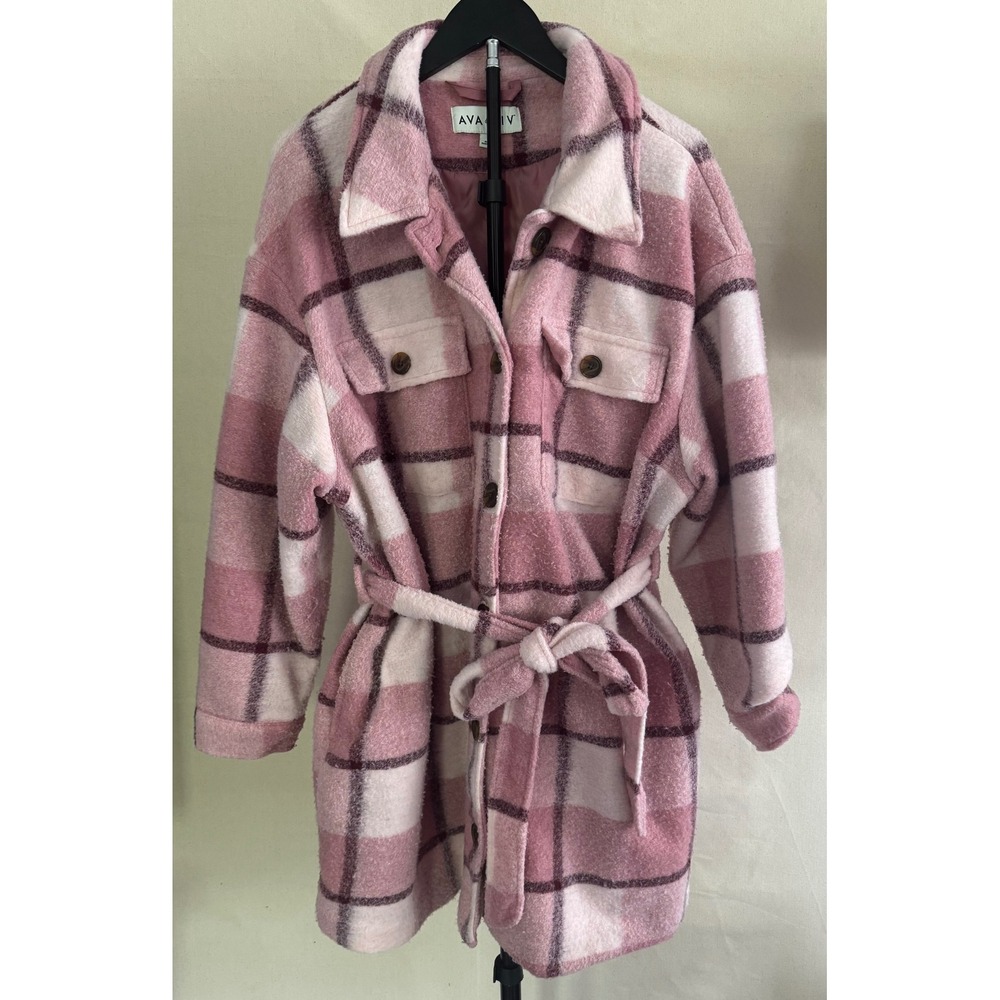 Ava & Viv 2X Pink Plaid Belted Shacket Coat Plus Size MSRP $65